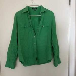 Ralph Lauren Green Linen Button Down. Long Sleeve Top